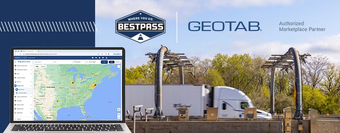 A blue and black image with white text reading "Bestpass aquires Fleetworthy Solutions"to the right of a row of parked white semi trucks.