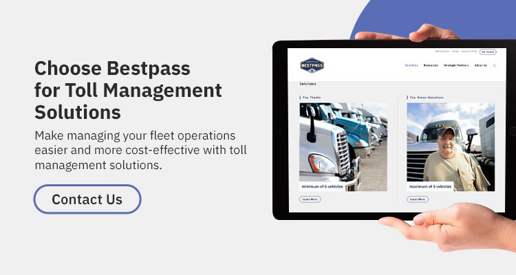 A pair of hands is holding up a digital tablet, which displays an image of the Bestpass homepage. To the left of the image is black text that reads: "Choose Bestpass for Toll Management Solutions - Make managing your fleet operations easier and more cost-effective with toll management solutions - contact/ us."