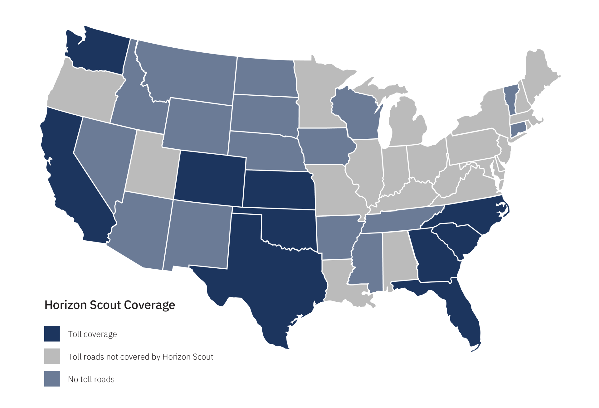 United States map showing coverage for Horizon Scout toll transponder offered by Bestpass